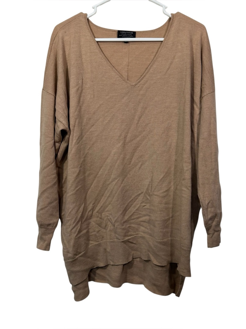 Lord & Taylor Plus Size Extra Fine Merino Wool Brown V-Neck Relaxed Fit Sweater